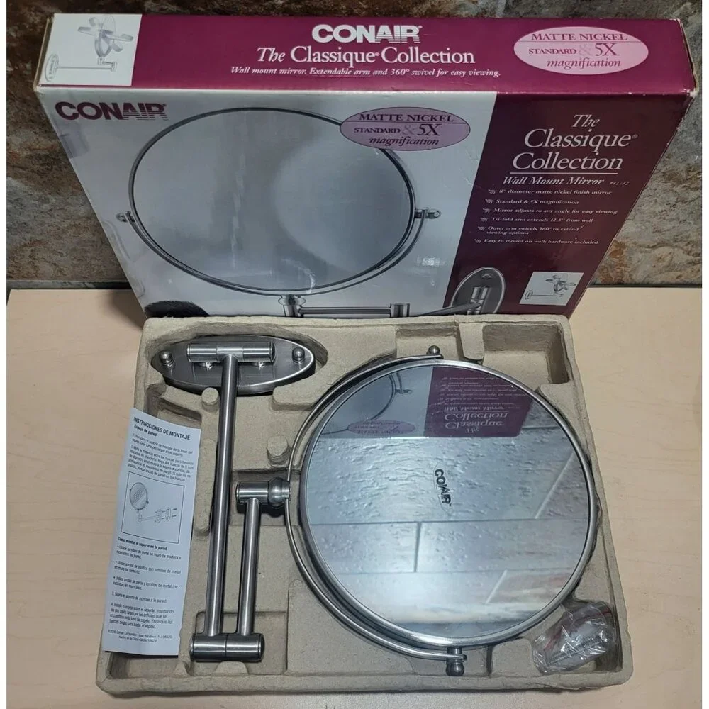 Conair Wall Mount Mirror Matte Nickel Standard & 5X Magnification